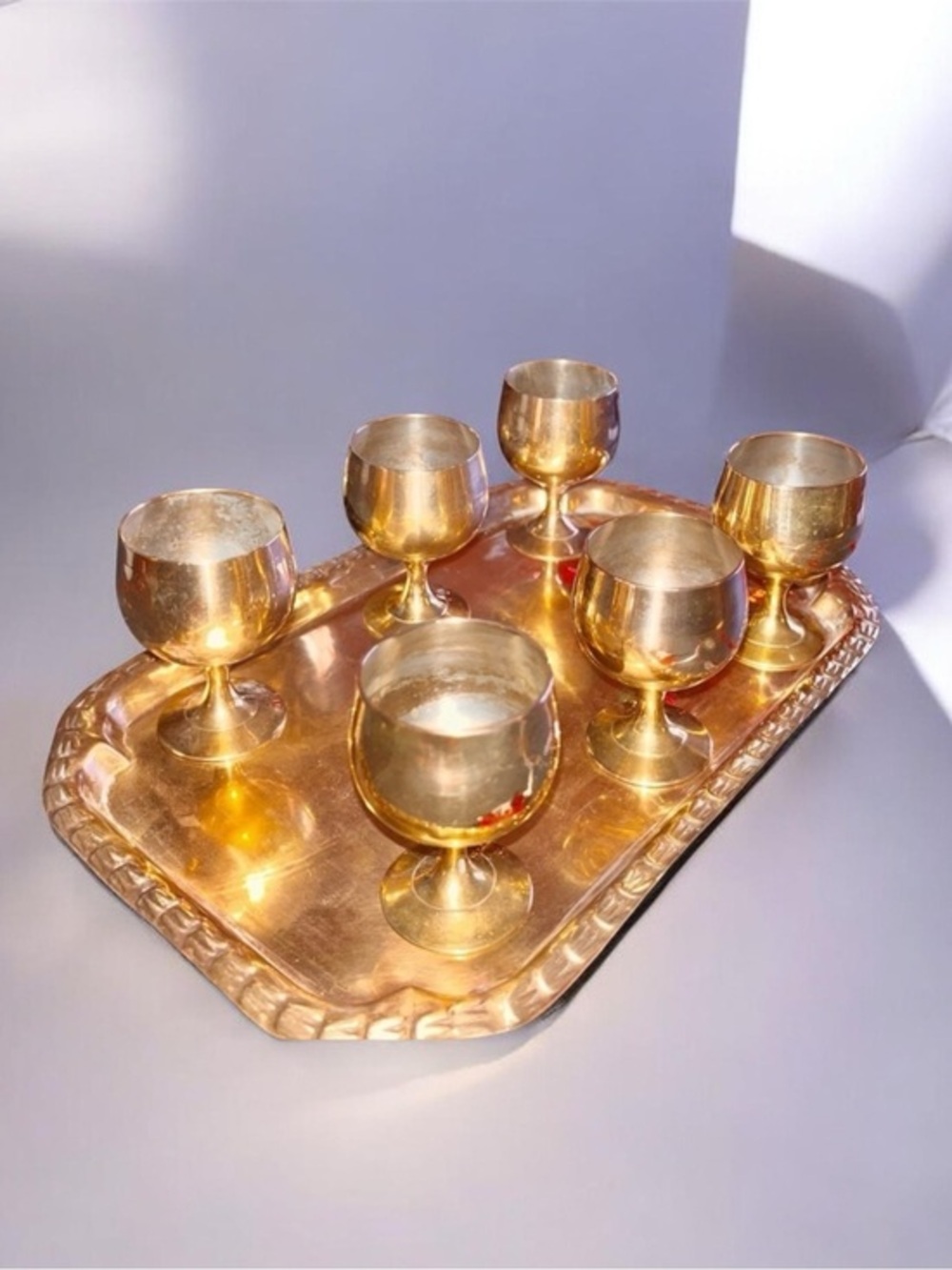 Vintage Solid Brass Barware Set 6 Cordial Shot Glass with tray